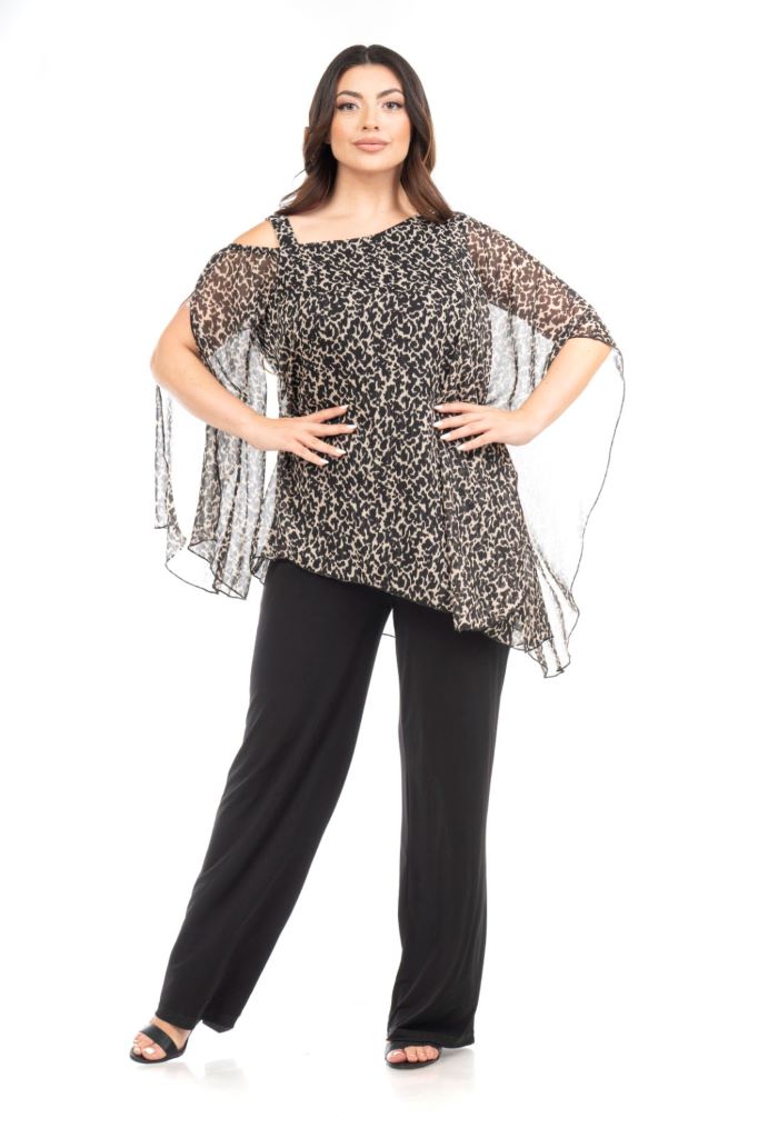 Ολόσωμη φόρμα μουσελίνα με έξω ώμο ανιμαλ πριντ τοπ και ελαστική παντελόνα Ολόσωμη φόρμα μουσελίνα με έξω ώμο ανιμαλ πριντ τοπ και ελαστική παντελόνα