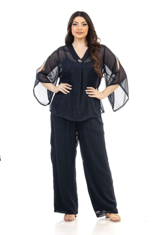 Σέτ μουσελίνα μπλούζα και παντελόνα με λάστιχο με ασημοκλωστή και χρυσή λεπτομέρεια