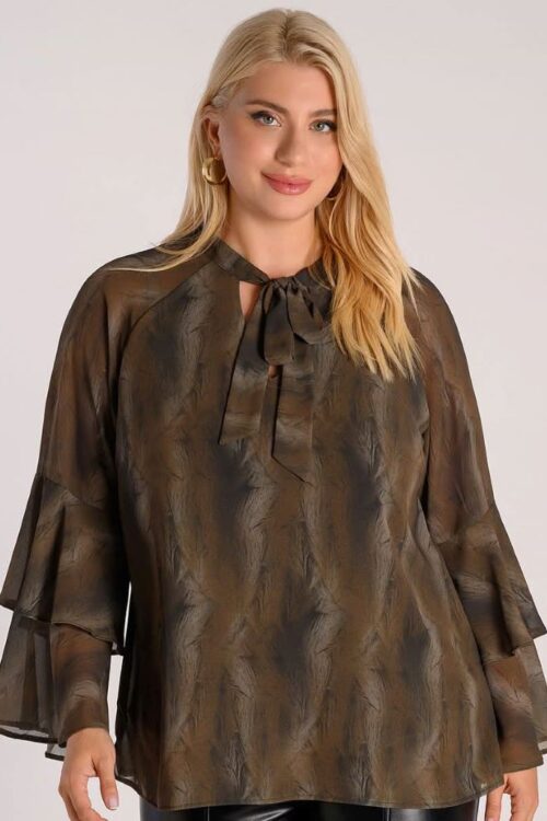 Μπλούζα μουσελίνα με καμπάνα μανίκι και δέσιμο στο λαιμό