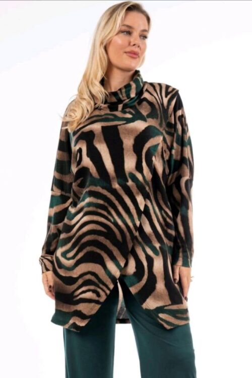 Μπλουζοφόρεμα εμπριμέ πλεκτό με ζιβάγκο γιακά κρουαζέ