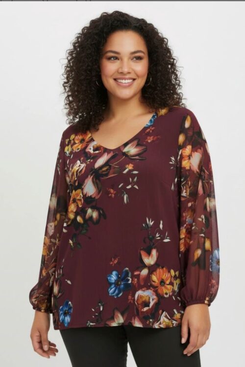 Μπλούζα εμπριμέ μουσελίνα με λάστιχο στο μανίκι